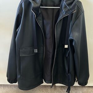 Zara Black Leather Hooded Jacket with Zip